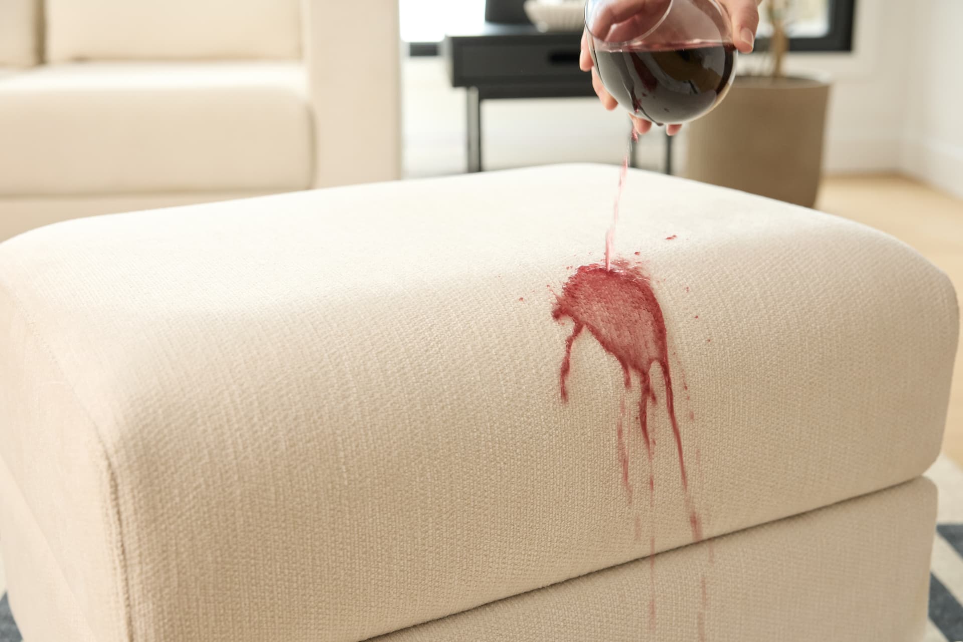 Un verre de vin renversé sur un divan Cozey